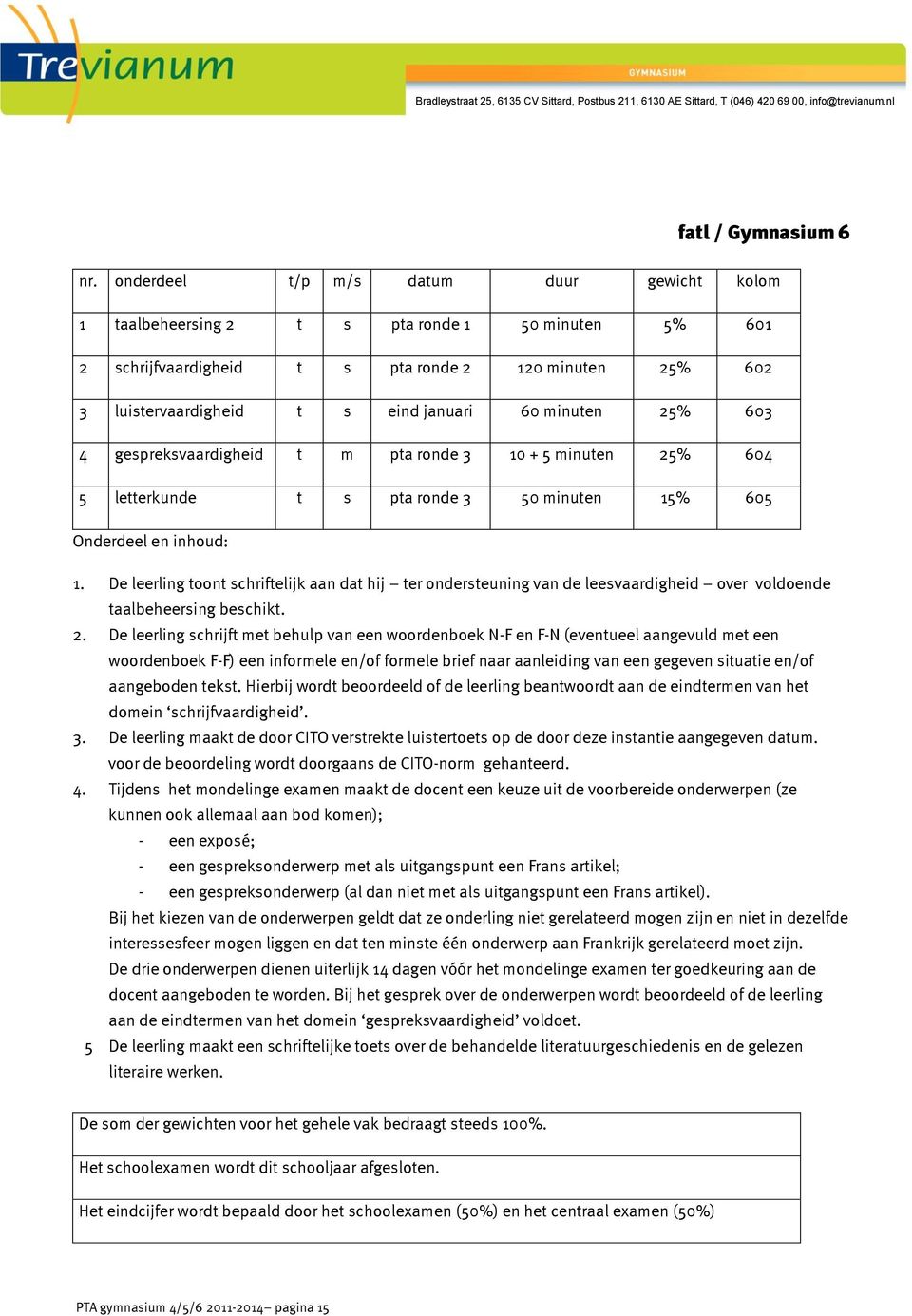 onderdeel t/p m/s datum duur gewicht kolom 1 taalbeheersing 2 t s pta ronde 1 50 minuten 5% 601 2 schrijfvaardigheid t s pta ronde 2 120 minuten 25% 602 3 luistervaardigheid t s eind januari 60