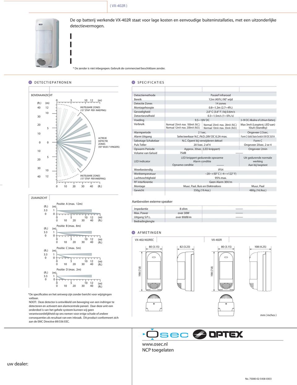 DETECTIEPATRONEN SPECIFICATIES BOVENAANZICHT 4 2 3 2 2 3 4 2 2 2 3 4 ( STAP PER INKEPING) ( STAP PER INKEPING) ACTIEVE DETECTIE ZONES (9 WIJD 7 VINGERS) methode Bereik Zones Montagehoogte