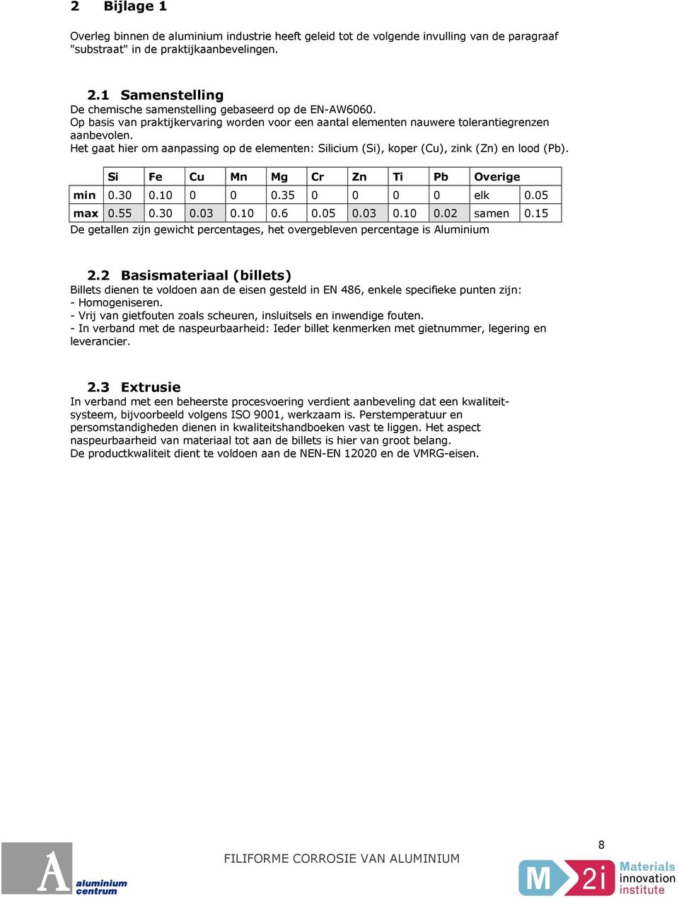 Het gaat hier om aanpassing op de elementen: Silicium (Si), koper (Cu), zink (Zn) en lood (Pb). Si Fe Cu Mn Mg Cr Zn Ti Pb Overige min 0.30 0.10 0 0 0.35 0 0 0 0 elk 0.05 max 0.55 0.30 0.03 0.10 0.6 0.