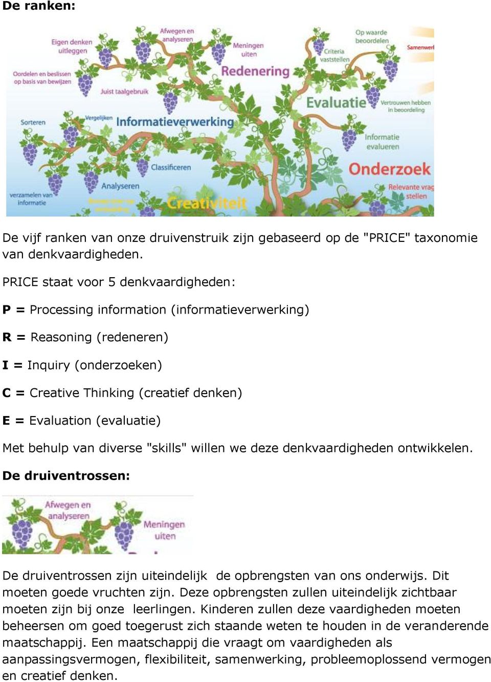 (evaluatie) Met behulp van diverse "skills" willen we deze denkvaardigheden ontwikkelen. De druiventrossen: De druiventrossen zijn uiteindelijk de opbrengsten van ons onderwijs.