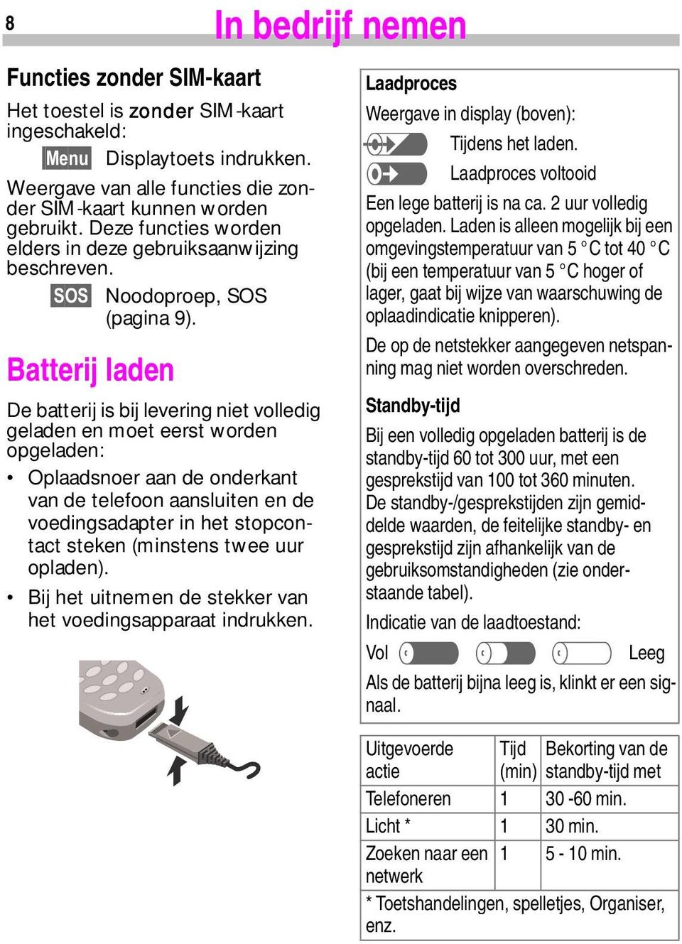 Batterij laden De batterij is bij levering niet volledig geladen en moet eerst worden opgeladen: Oplaadsnoer aan de onderkant van de telefoon aansluiten en de voedingsadapter in het stopcontact