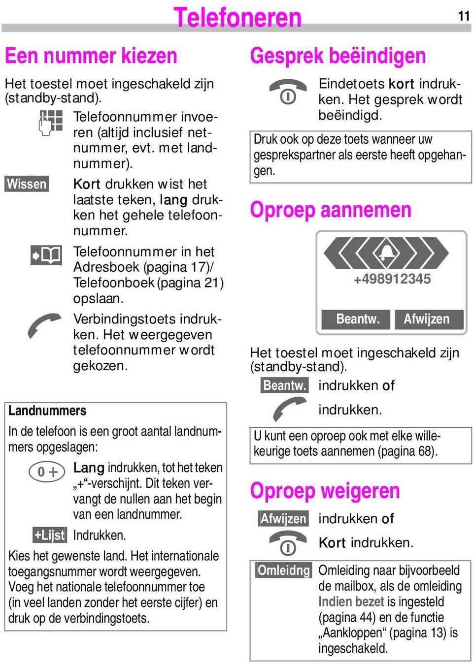 Het weergegeven telefoonnummer wordt gekozen. Landnummers In de telefoon is een groot aantal landnummers opgeslagen: Lang indrukken, tot het teken + -verschijnt.