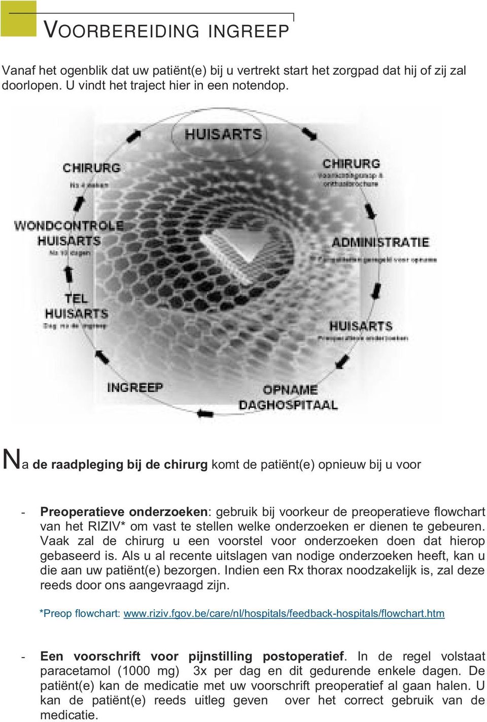 er dienen te gebeuren. Vaak zal de chirurg u een voorstel voor onderzoeken doen dat hierop gebaseerd is. Als u al recente uitslagen van nodige onderzoeken heeft, kan u die aan uw patiënt(e) bezorgen.