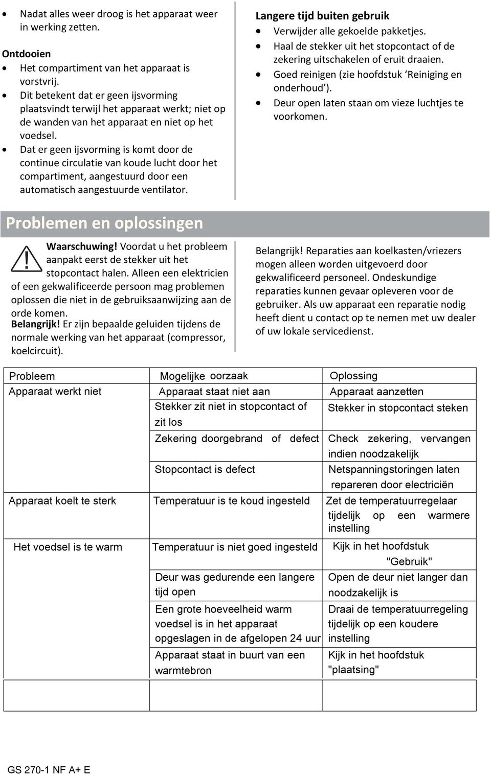 Dat er geen ijsvorming is komt door de continue circulatie van koude lucht door het compartiment, aangestuurd door een automatisch aangestuurde ventilator. Problemen en oplossingen Waarschuwing!