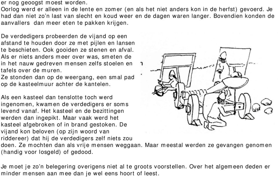 Als er niets anders meer over was, smeten de in het nauw gedreven mensen zelfs stoelen en tafels over de muren. Ze stonden dan op de weergang, een smal pad op de kasteelmuur achter de kantelen.