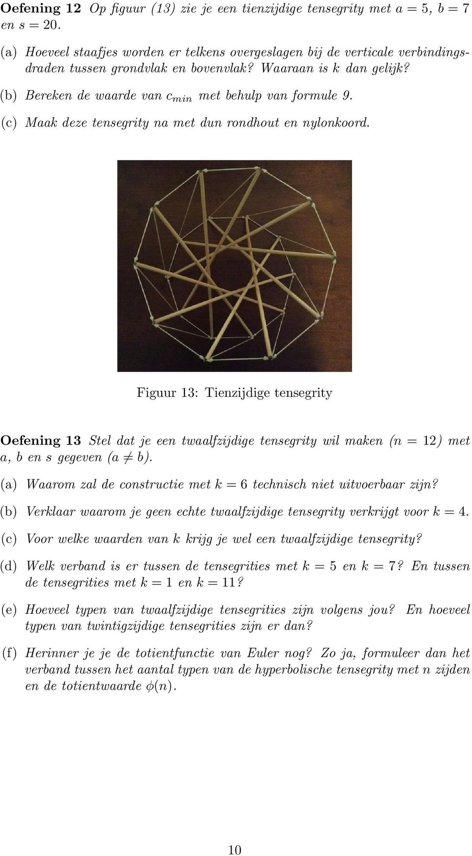 (c) Maak deze tensegrity na met dun rondhout en nylonkoord. Figuur 13: Tienzijdige tensegrity Oefening 13 Stel dat je een twaalfzijdige tensegrity wil maken (n = 12) met a, b en s gegeven (a b).