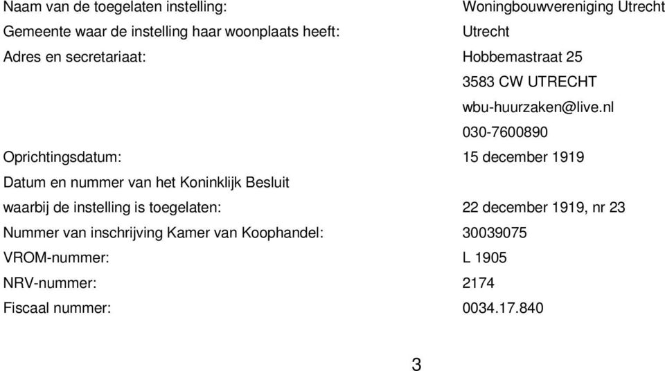 nl 030-7600890 Oprichtingsdatum: 15 december 1919 Datum en nummer van het Koninklijk Besluit waarbij de instelling is