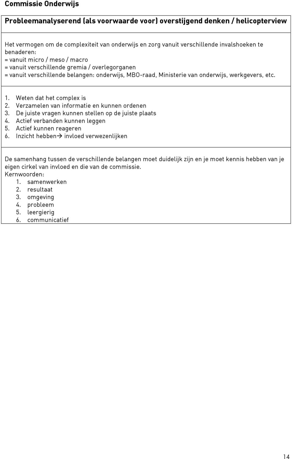 Weten dat het complex is 2. Verzamelen van informatie en kunnen ordenen 3. De juiste vragen kunnen stellen op de juiste plaats 4. Actief verbanden kunnen leggen 5. Actief kunnen reageren 6.