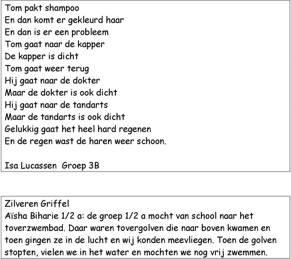 weer schoon. Isa Lucassen Groep 3B Zilveren Griffel Aïsha Biharie 1/2 a: de groep 1/2 a mocht van school naar het toverzwembad.