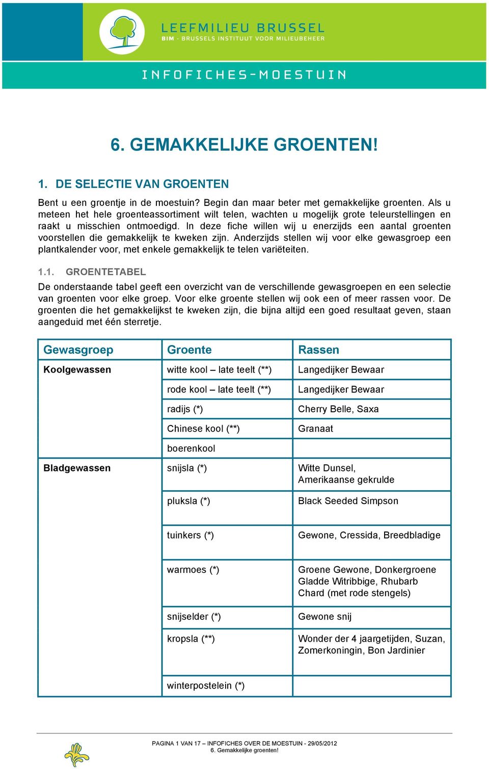 In deze fiche willen wij u enerzijds een aantal groenten voorstellen die gemakkelijk te kweken zijn.