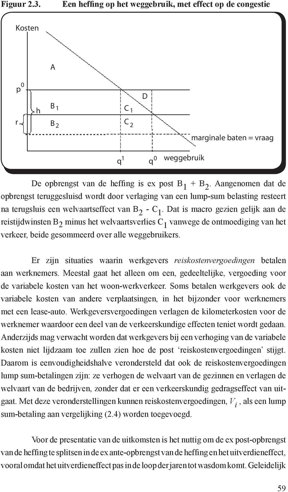 Dat is macro gezien gelijk aan de reistijdwinsten B 2 minus het welvaartsverlies C 1 vanwege de ontmoediging van het verkeer, beide gesommeerd over alle weggebruikers.