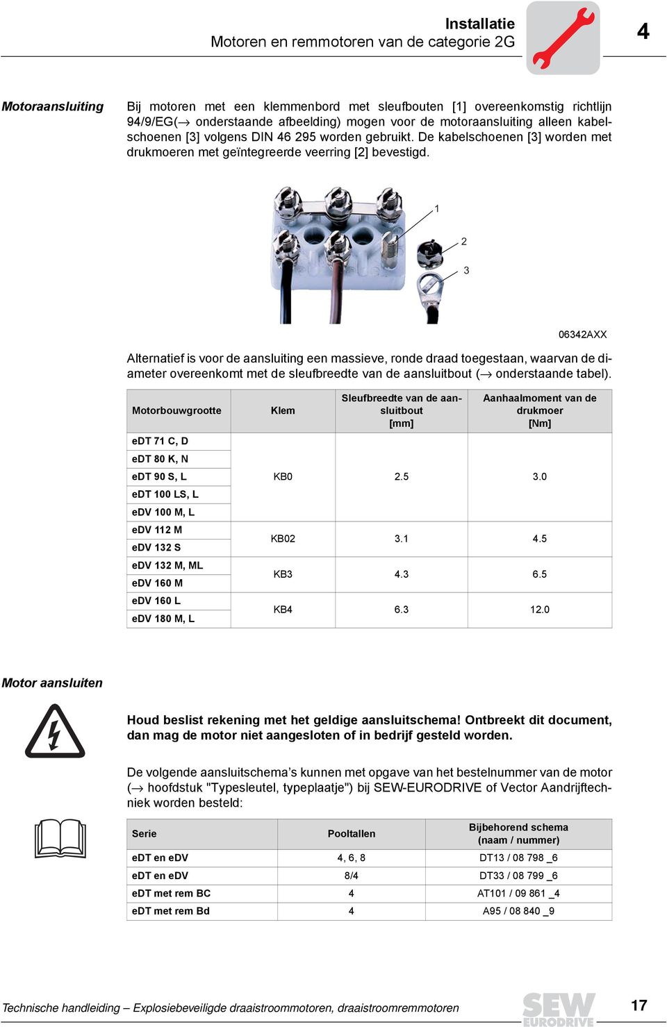 1 2 3 06342AXX Alternatief is voor de aansluiting een massieve, ronde draad toegestaan, waarvan de diameter overeenkomt met de sleufbreedte van de aansluitbout ( onderstaande tabel).