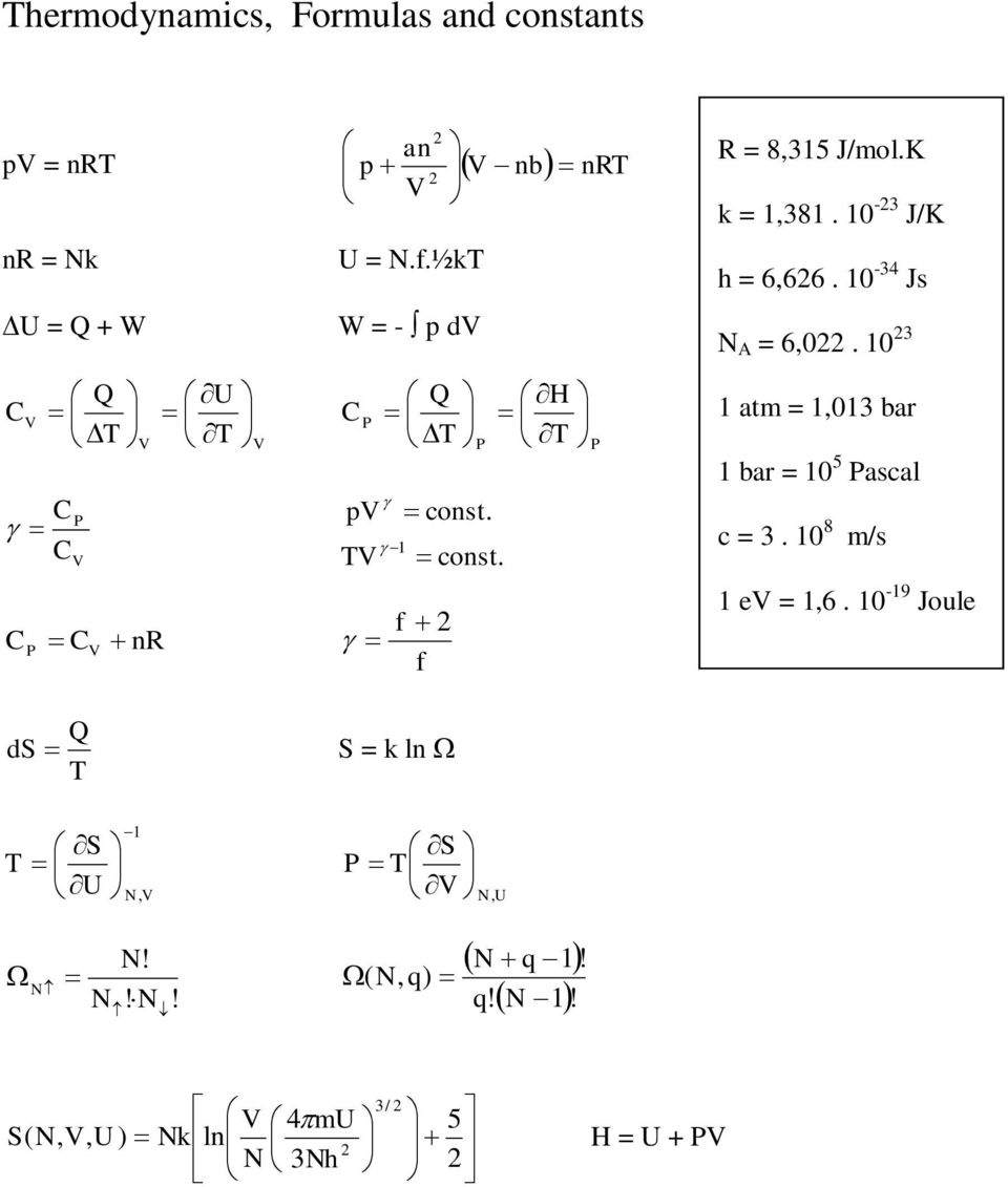 10-3 J/K h = 6,66. 10-34 Js N = 6,0. 10 3 1 atm = 1,013 bar 1 bar = 10 5 ascal c = 3.