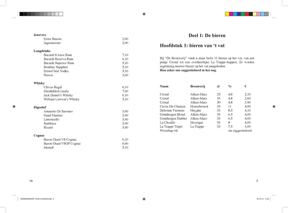 Baron Otard VS Cognac 6,10 Baron Otard VSOP Cognac 6,60 Martell 5,10 Deel 1: De bieren Hoofdstuk 1: bieren van t vat Bij De Brouwerij vindt u maar liefst 11 bieren op het vat, van een pintje Cristal