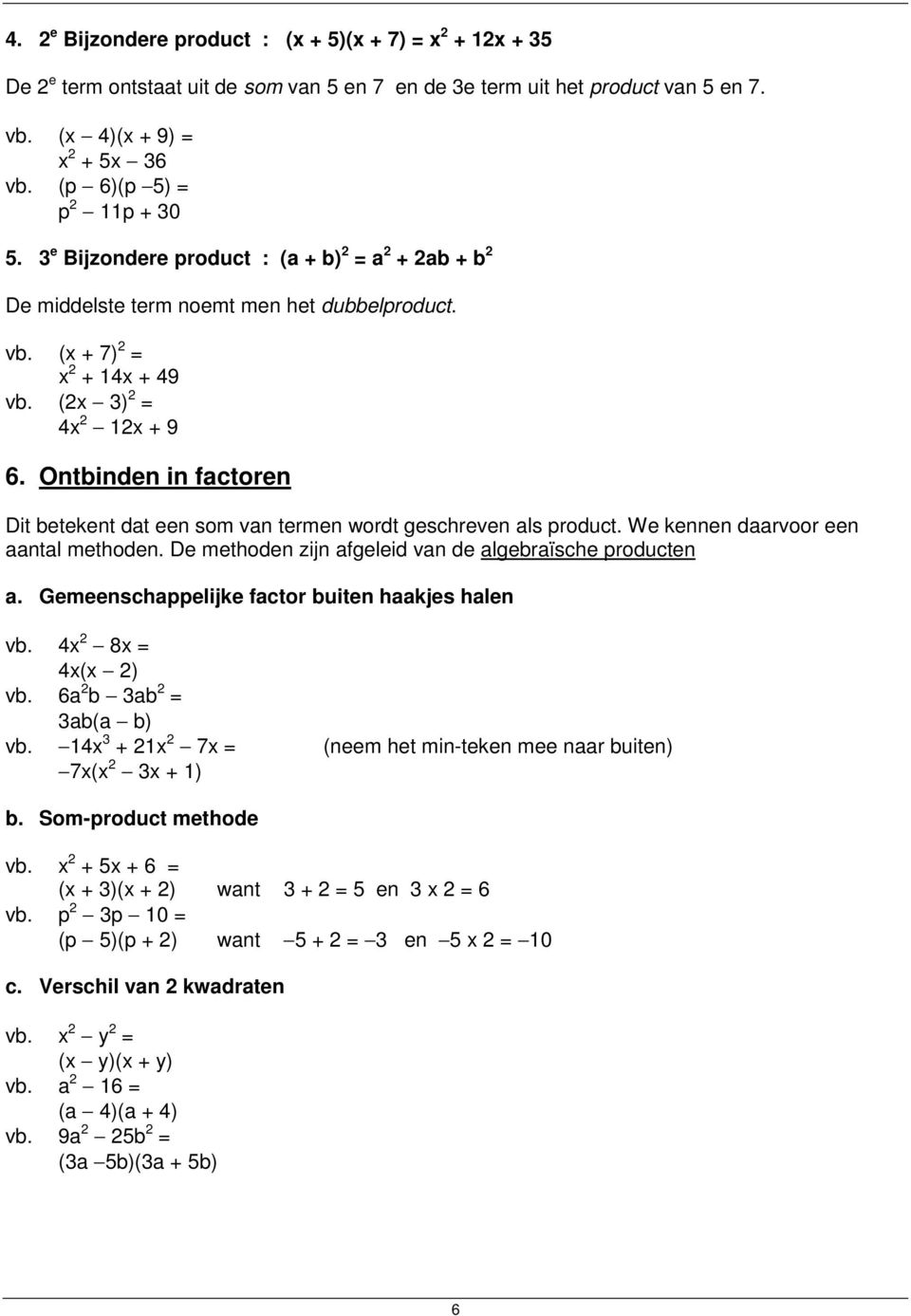 Ontbinden in factoren Dit betekent dat een som van termen wordt geschreven als product. We kennen daarvoor een aantal methoden. De methoden zijn afgeleid van de algebraïsche producten a.