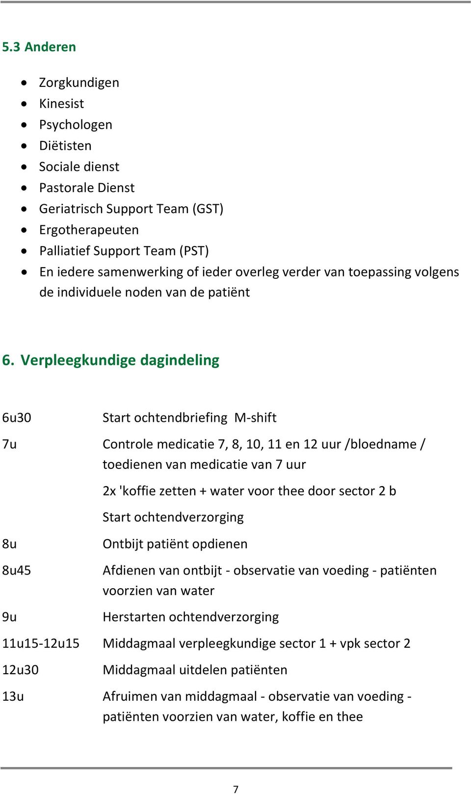 Verpleegkundige dagindeling 6u30 Start ochtendbriefing M-shift 7u Controle medicatie 7, 8, 10, 11 en 12 uur /bloedname / toedienen van medicatie van 7 uur 2x 'koffie zetten + water voor thee door