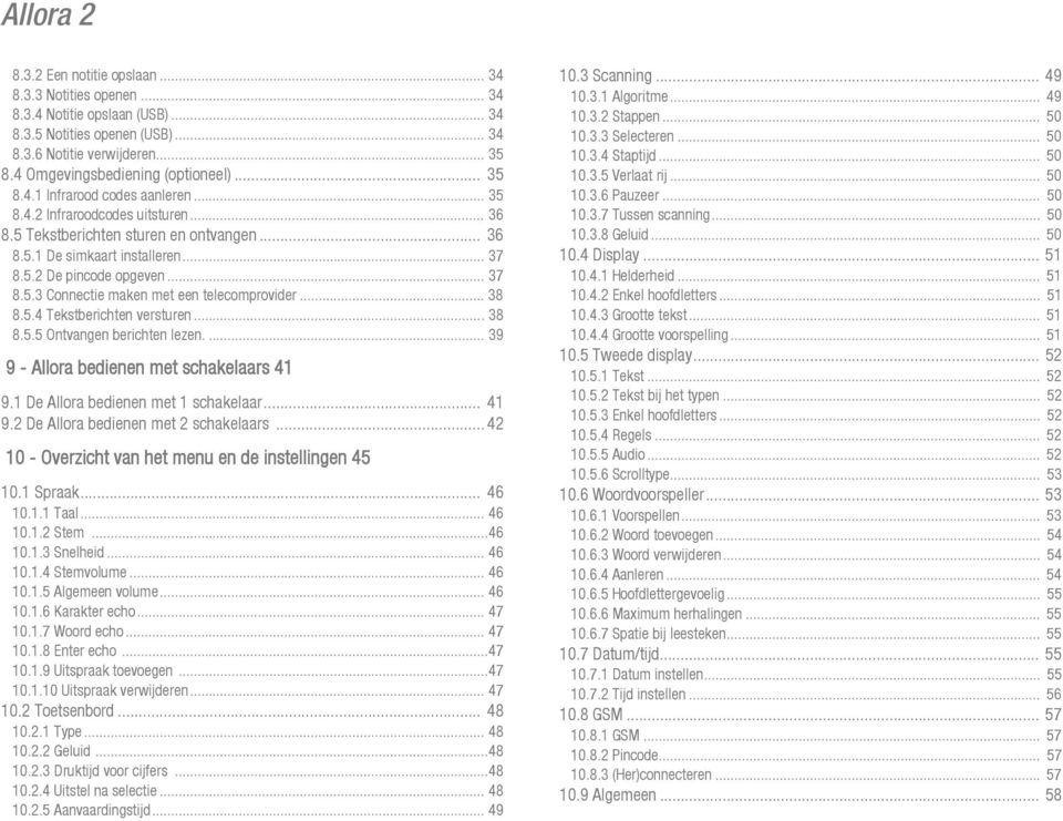 .. 37 8.5.3 Connectie maken met een telecomprovider... 38 8.5.4 Tekstberichten versturen... 38 8.5.5 Ontvangen berichten lezen.... 39 9 - Allora bedienen met schakelaars 41 9.