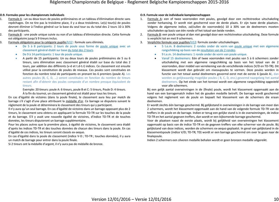 tours 10 à 30% des participants. 2. Formule B : une poule unique suivie ou non d un tableau d élimination directe. Cette formule est obligatoire jusqu à 9 tireurs inclus. 3. Formule obligatoire pour la catégorie pupille/u12 : formule sans éliminés.