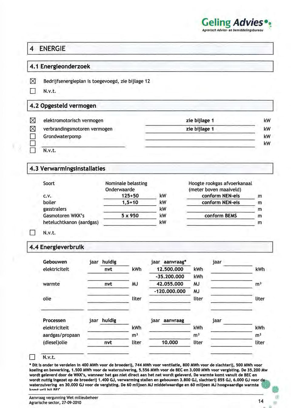 3 Verwarmingsinstallaties Soort c.v. boiler gasstralers Gasmotoren WKK's heteluchtkanon (aardgas) o N.v.t. 14.