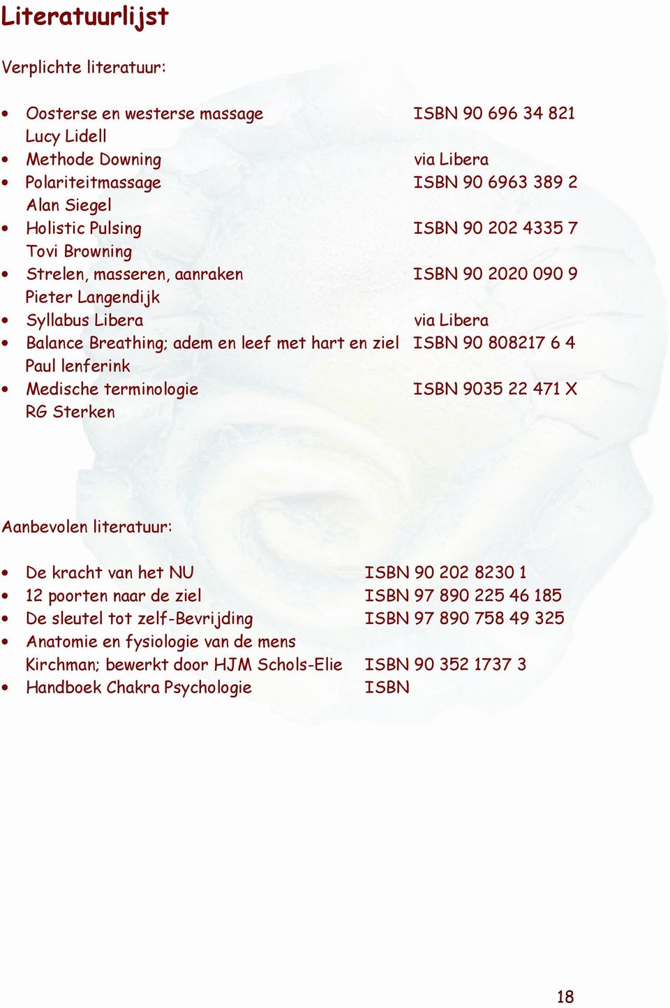 ISBN 90 808217 6 4 Paul lenferink Medische terminologie ISBN 9035 22 471 X RG Sterken Aanbevolen literatuur: De kracht van het NU ISBN 90 202 8230 1 12 poorten naar de ziel ISBN 97 890