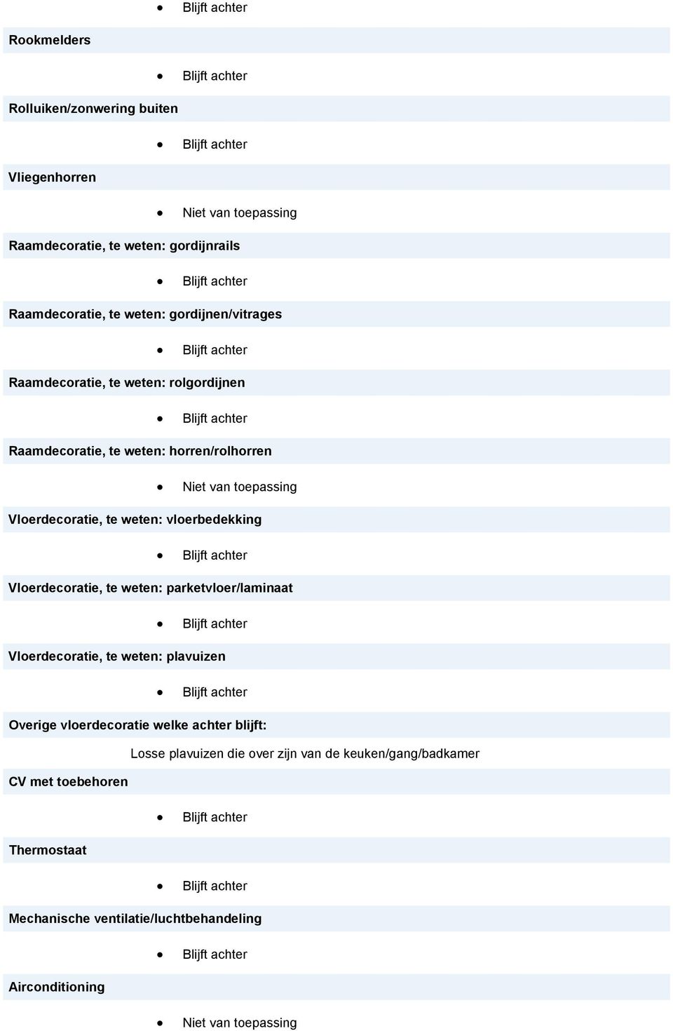 vloerbedekking Vloerdecoratie, te weten: parketvloer/laminaat Vloerdecoratie, te weten: plavuizen Overige vloerdecoratie welke