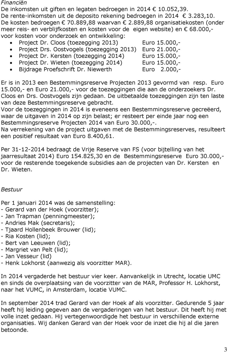 000,- Project Drs. Oostvogels (toezegging 2013) Euro 21.000,- Project Dr. Kersten (toezegging 2014) Euro 15.000,- Project Dr. Wieten (toezegging 2014) Euro 15.000,- Bijdrage Proefschrift Dr.