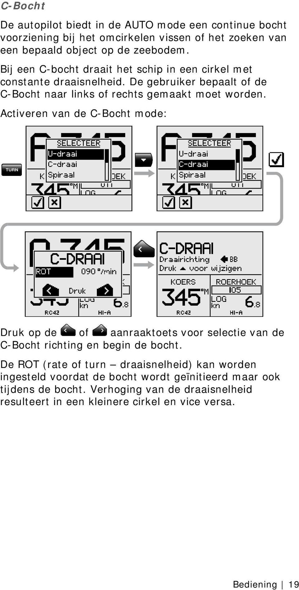 Activeren van de C-Bocht mode: TURN Druk op de of aanraaktoets voor selectie van de C-Bocht richting en begin de bocht.