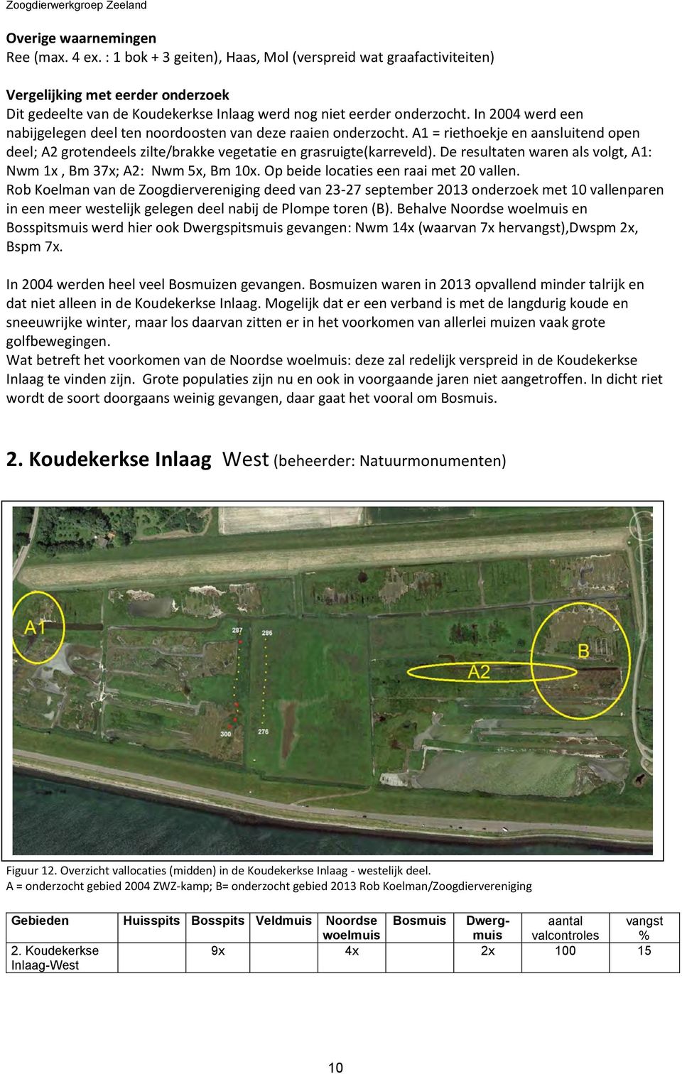 In 2004 werd een nabijgelegen deel ten noordoosten van deze raaien onderzocht. A1 = riethoekje en aansluitend open deel; A2 grotendeels zilte/brakke vegetatie en grasruigte(karreveld).