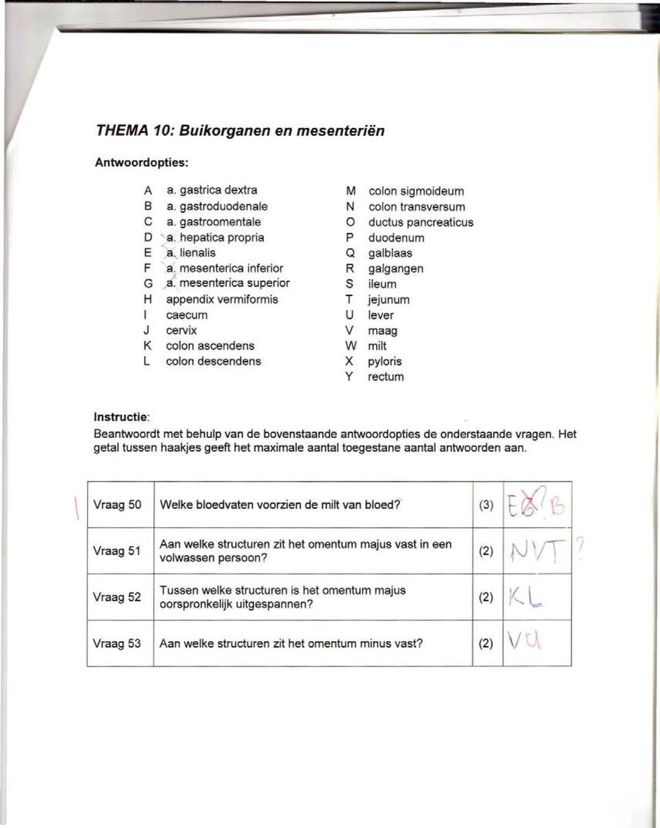 jejunum caecum u lever J cervix V maag K colon ascendens w milt L colon descendens x pyloris y rectum Beantwoordt met behulp van de bovenstaande antwoordopties de onderstaande vragen.