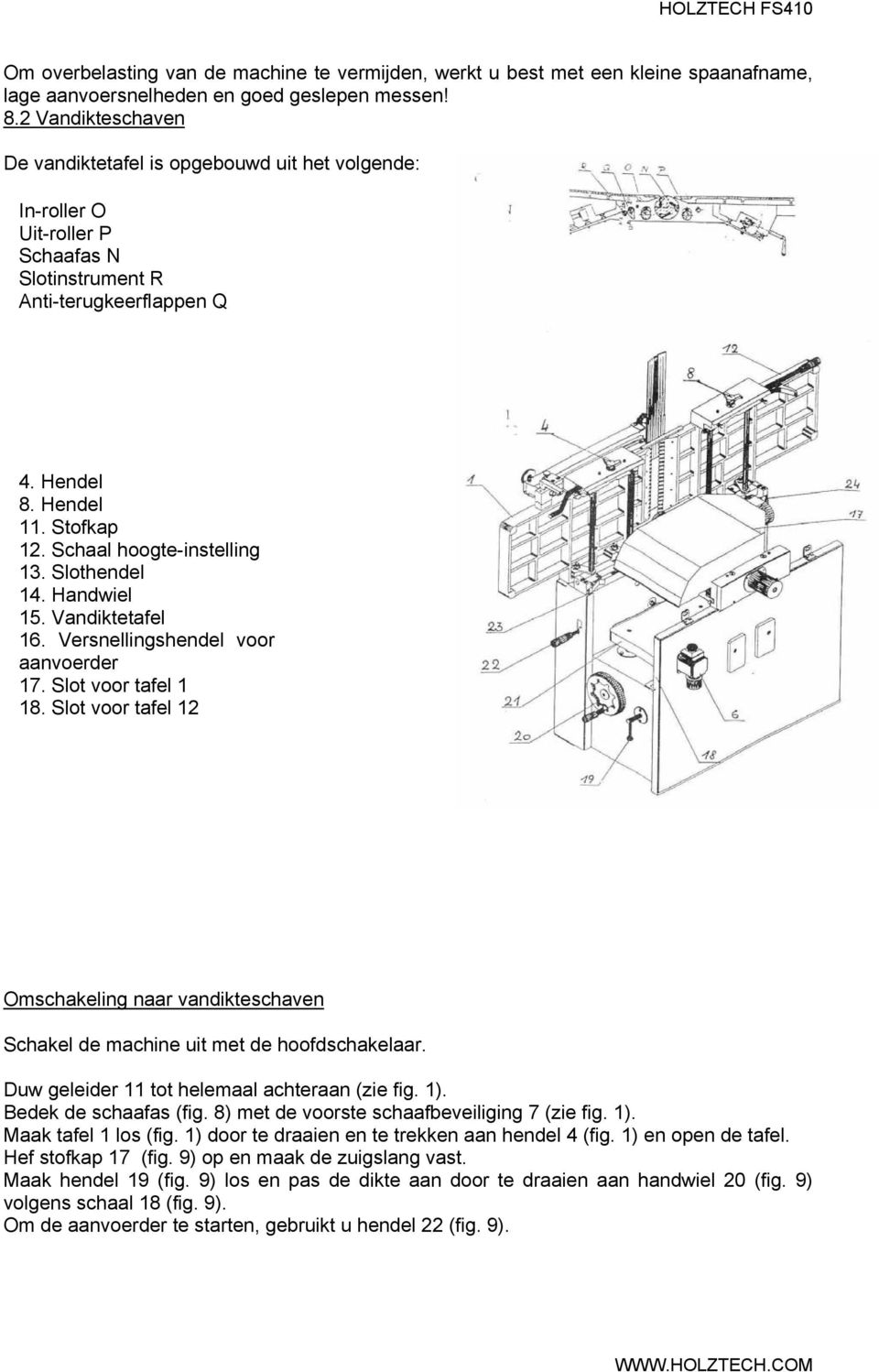 Schaal hoogte-instelling 13. Slothendel 14. Handwiel 15. Vandiktetafel 16. Versnellingshendel voor aanvoerder 17. Slot voor tafel 1 18.