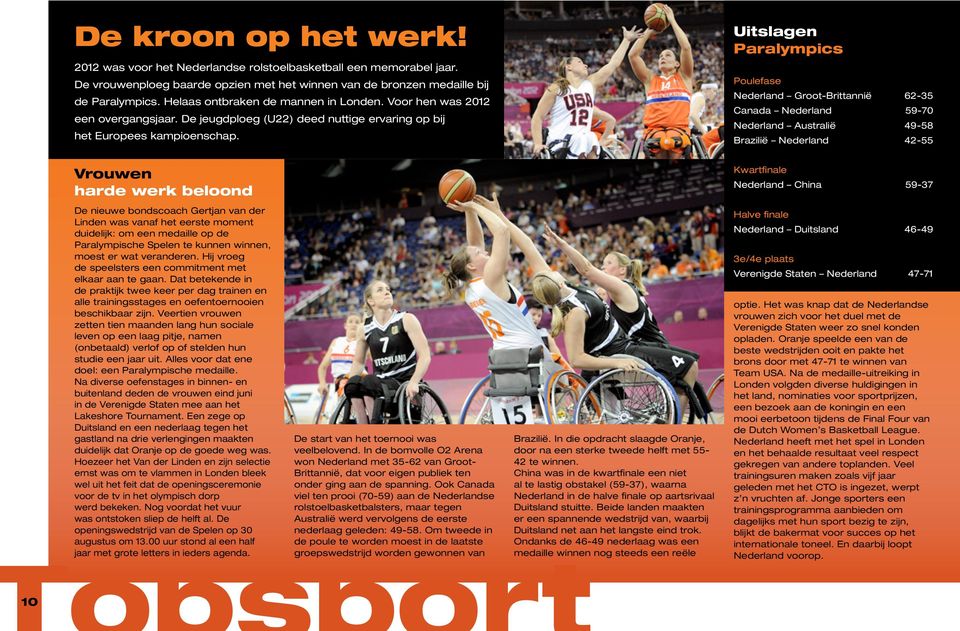 Uitslagen Paralympics Poulefase Nederland Groot-Brittannië 62-35 Canada Nederland 59-70 Nederland Australië 49-58 Brazilië Nederland 42-55 Vrouwen harde werk beloond Kwartfinale Nederland China 59-37