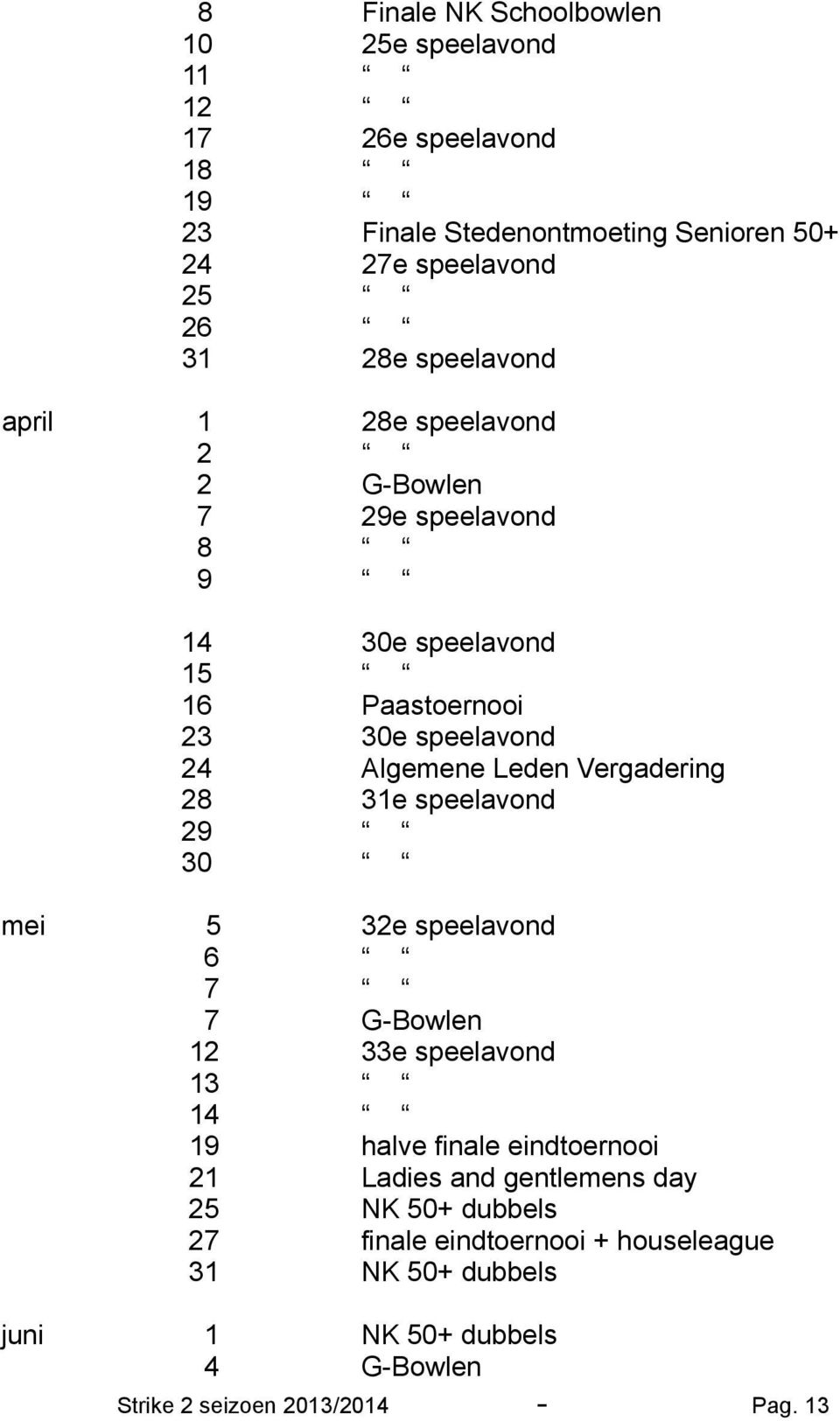 Vergadering 28 31e speelavond 29 30 mei 5 32e speelavond 7 7 G-Bowlen 12 33e speelavond 13 14 19 halve finale eindtoernooi 21 Ladies and