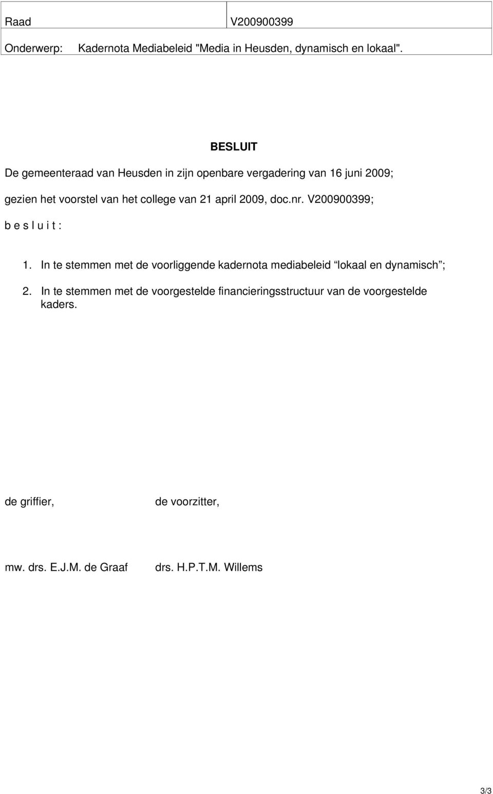 april 2009, doc.nr. V200900399; b e s l u i t : 1.