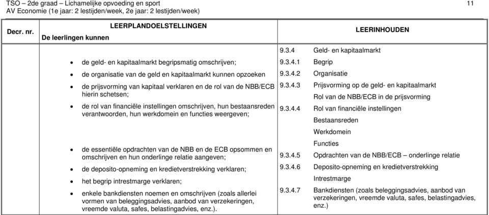 de ECB opsommen en omschrijven en hun onderlinge relatie aangeven; de deposito-opneming en kredietverstrekking verklaren; het begrip intrestmarge verklaren; enkele bankdiensten noemen en omschrijven