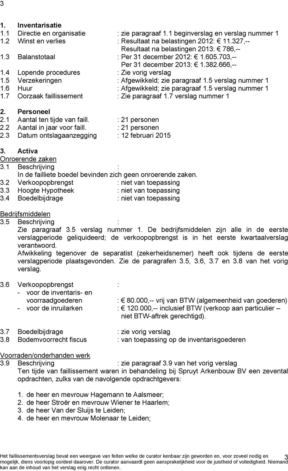 5 Verzekeringen : Afgewikkeld; zie paragraaf 1.5 verslag nummer 1 1.6 Huur : Afgewikkeld; zie paragraaf 1.5 verslag nummer 1 1.7 Oorzaak faillissement : Zie paragraaf 1.7 verslag nummer 1 2.