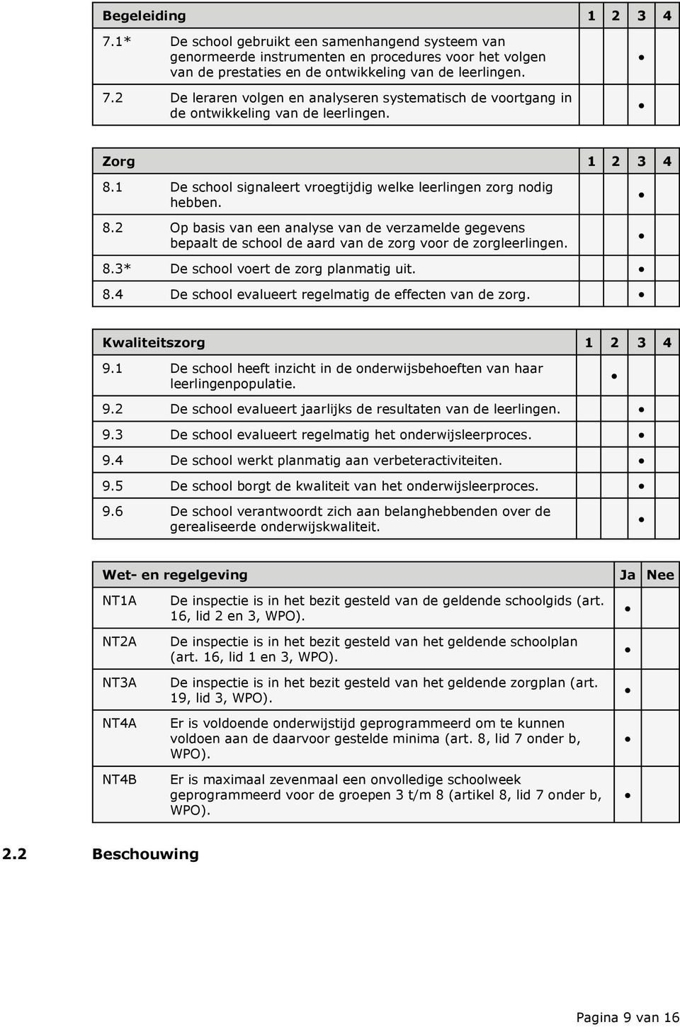 8.3* De school voert de zorg planmatig uit. 8.4 De school evalueert regelmatig de effecten van de zorg. Kwaliteitszorg 1 2 3 4 9.