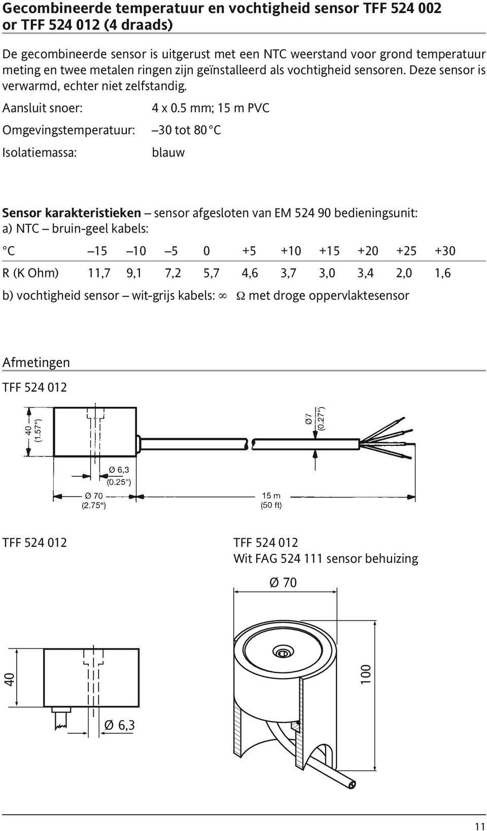 5 mm; 15 m PVC Omgevingstemperatuur: 30 tot 80 C Isolatiemassa: blauw Sensor karakteristieken sensor afgesloten van EM 524 90 bedieningsunit: a) NTC bruin-geel kabels: C 15 10 5 0 +5