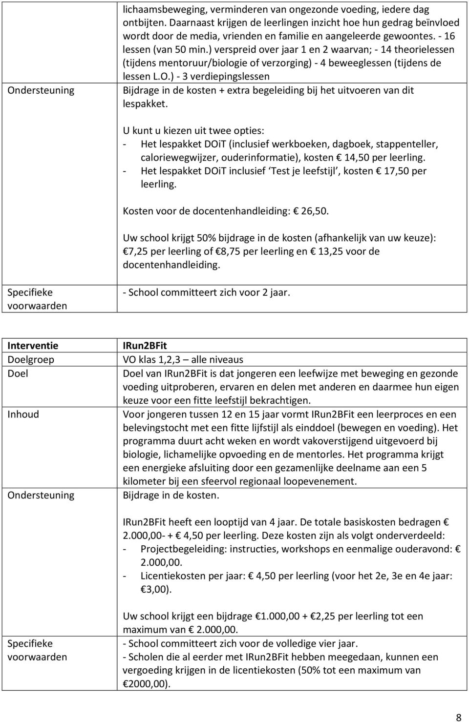 ) verspreid over jaar 1 en 2 waarvan; - 14 theorielessen (tijdens mentoruur/biologie of verzorging) - 4 beweeglessen (tijdens de lessen L.O.