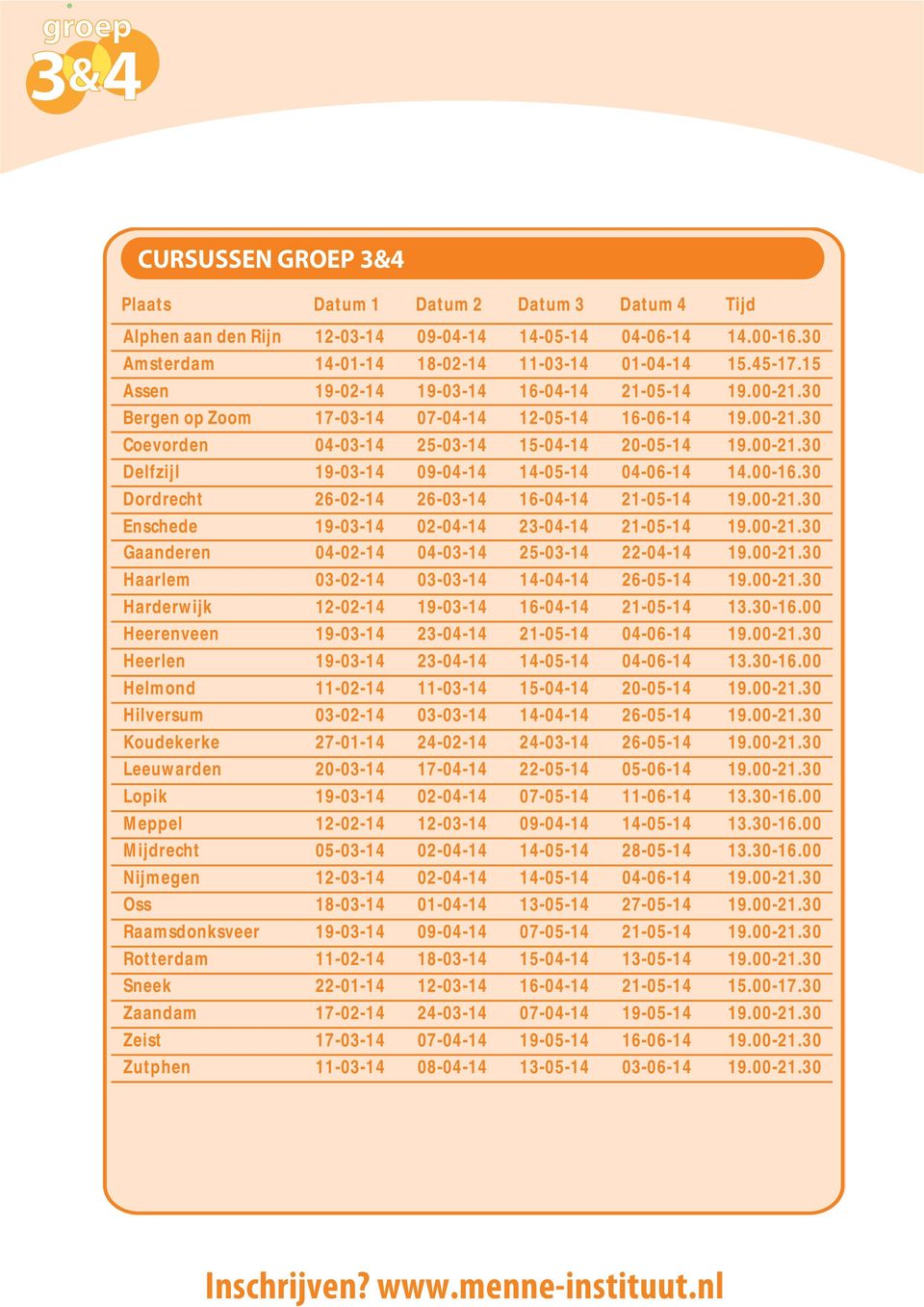 00-16.30 Dordrecht 26-02-14 26-03-14 16-04-14 21-05-14 19.00-21.30 Enschede 19-03-14 02-04-14 23-04-14 21-05-14 19.00-21.30 Gaanderen 04-02-14 04-03-14 25-03-14 22-04-14 19.00-21.30 Haarlem 03-02-14 03-03-14 14-04-14 26-05-14 19.