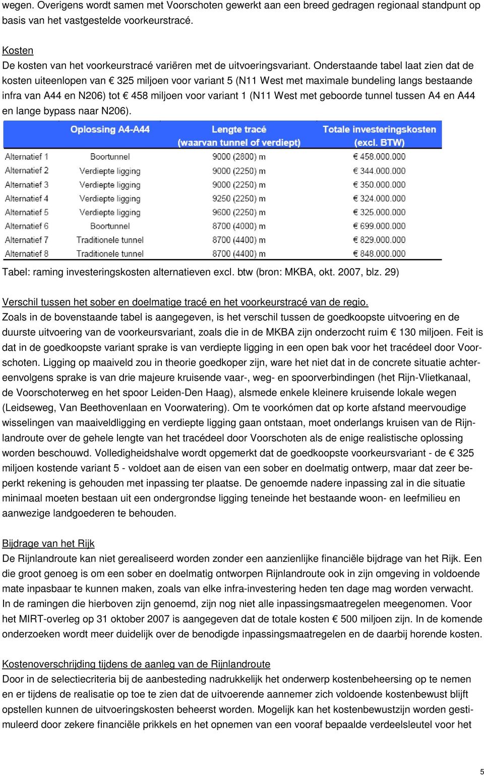 Onderstaande tabel laat zien dat de kosten uiteenlopen van 325 miljoen voor variant 5 (N11 West met maximale bundeling langs bestaande infra van A44 en N206) tot 458 miljoen voor variant 1 (N11 West