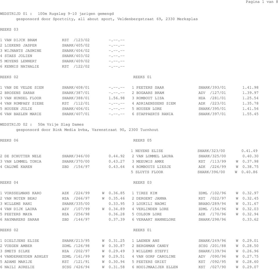 --.-- 1 PEETERS SAAR SHARK/393/01 1.41.98 2 BROSENS SARAH SHARK/387/01 -.--.-- 2 BOGAARS BRAM AZV /127/01 1.39.97 3 VAN HUNSEL FLOOR SHARK/388/01 1.56.98 3 ROMBOUT LISA HZA /281/01 1.25.