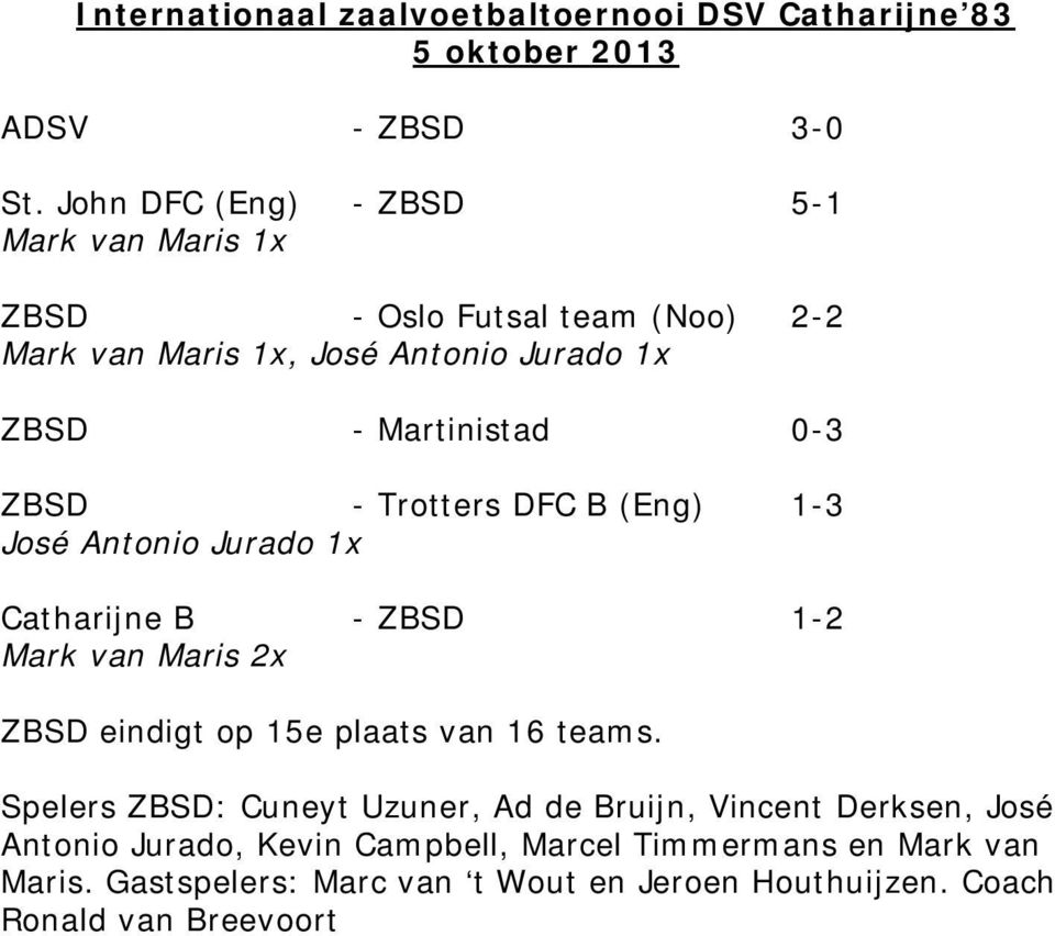 ZBSD - Trotters DFC B (Eng) 1-3 José Antonio Jurado 1x Catharijne B - ZBSD 1-2 Mark van Maris 2x ZBSD eindigt op 15e plaats van 16 teams.