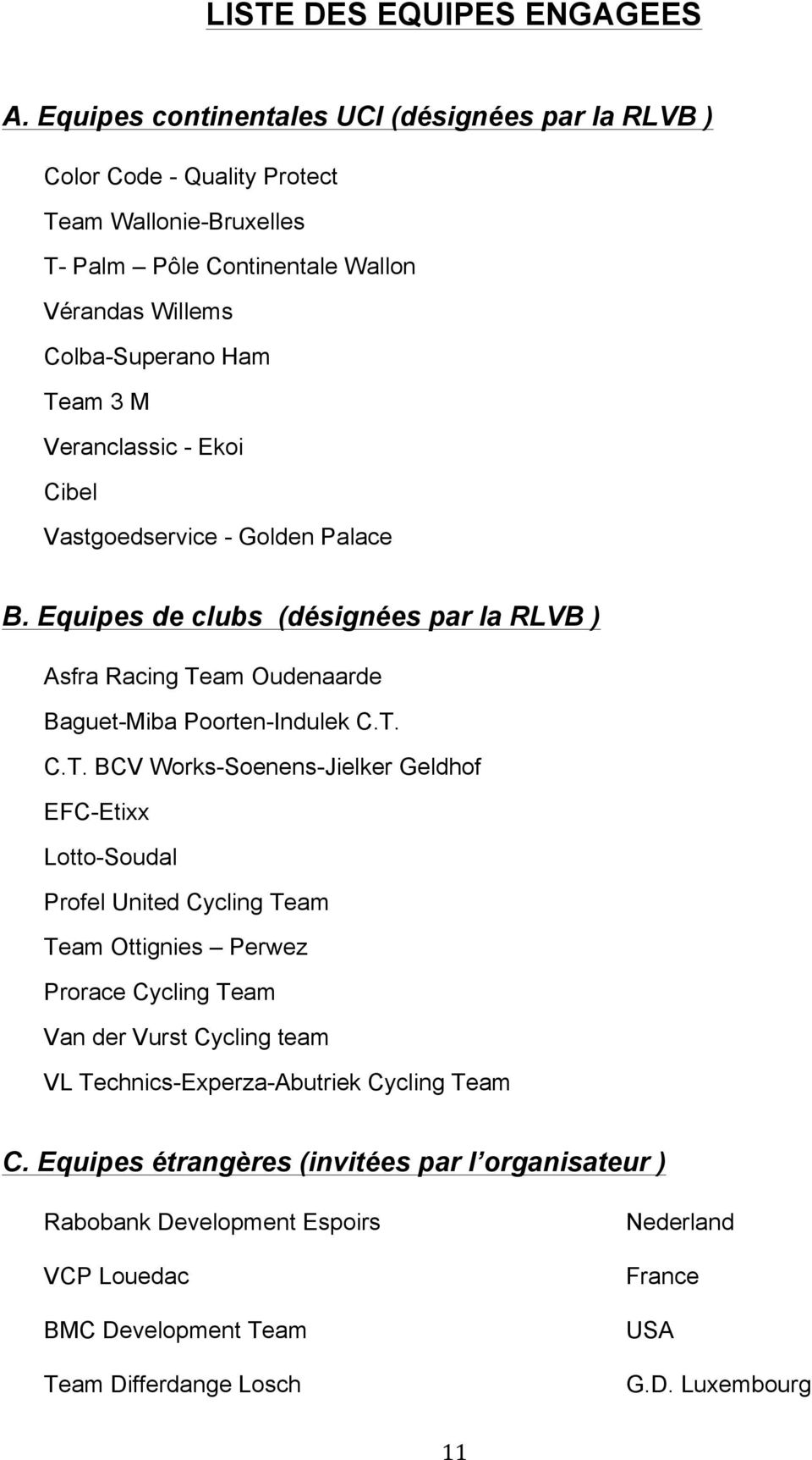 Veranclassic - Ekoi Cibel Vastgoedservice - Golden Palace B. Equipes de clubs (désignées par la RLVB ) Asfra Racing Te