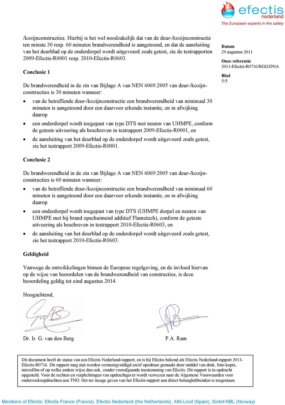 Conclusie 1 De brandwerendheid in de zin van Bijlage A van NEN 6069:2005 van deur-/kozijnconstructies is 30 minuten wanneer: van de betreffende deur-/kozijnconstructie een brandwerendheid van