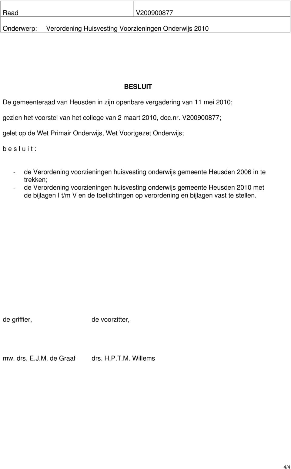 V200900877; gelet op de Wet Primair Onderwijs, Wet Voortgezet Onderwijs; b e s l u i t : - de Verordening voorzieningen huisvesting onderwijs gemeente Heusden