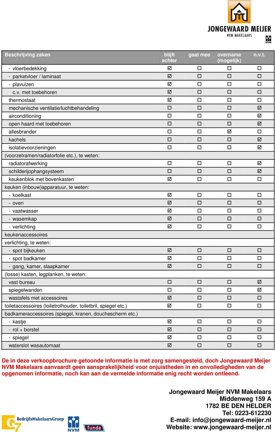 verlichting, te weten: - spot bijkeuken - spot badkamer - gang, kamer, slaapkamer (losse) kasten, legplanken, te weten: vast bureau spiegelwanden wastafels met accessoires toiletaccessoires