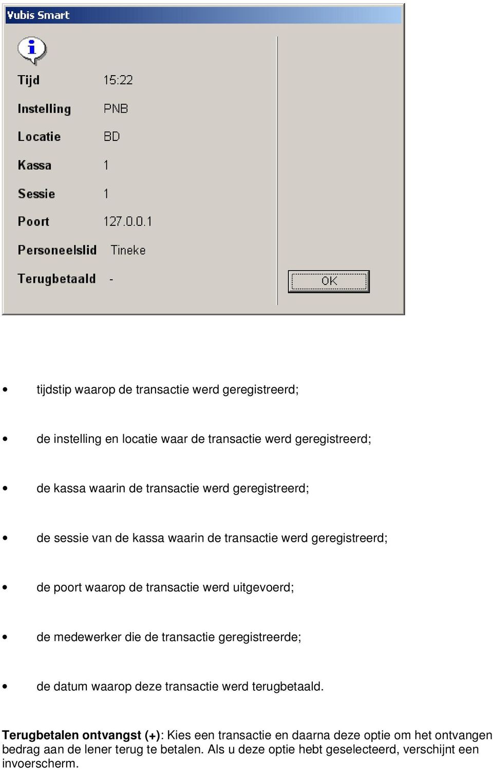 uitgevoerd; de medewerker die de transactie geregistreerde; de datum waarop deze transactie werd terugbetaald.