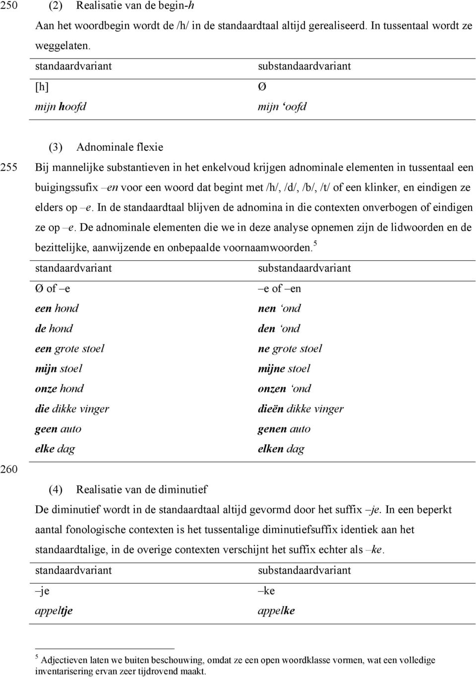 buigingssufix en voor een woord dat begint met /h/, /d/, /b/, /t/ of een klinker, en eindigen ze elders op e. In de standaardtaal blijven de adnomina in die contexten onverbogen of eindigen ze op e.