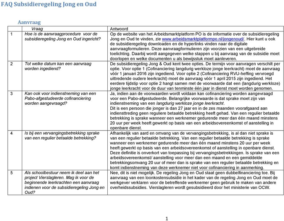 5 Als schoolbestuur neem ik deel aan het project Vierslagleren. Mag ik voor de beginnende leerkrachten een aanvraag indienen voor de subsidieregeling Jong en Oud?