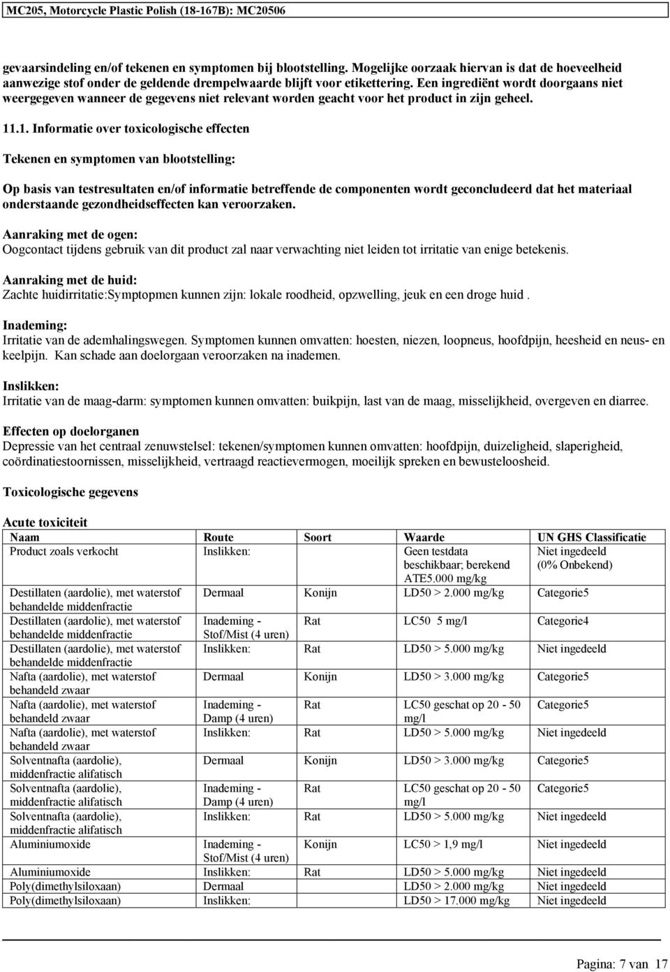 .1. Informatie over toxicologische effecten Tekenen en symptomen van blootstelling: Op basis van testresultaten en/of betreffende de componenten wordt geconcludeerd dat het materiaal onderstaande